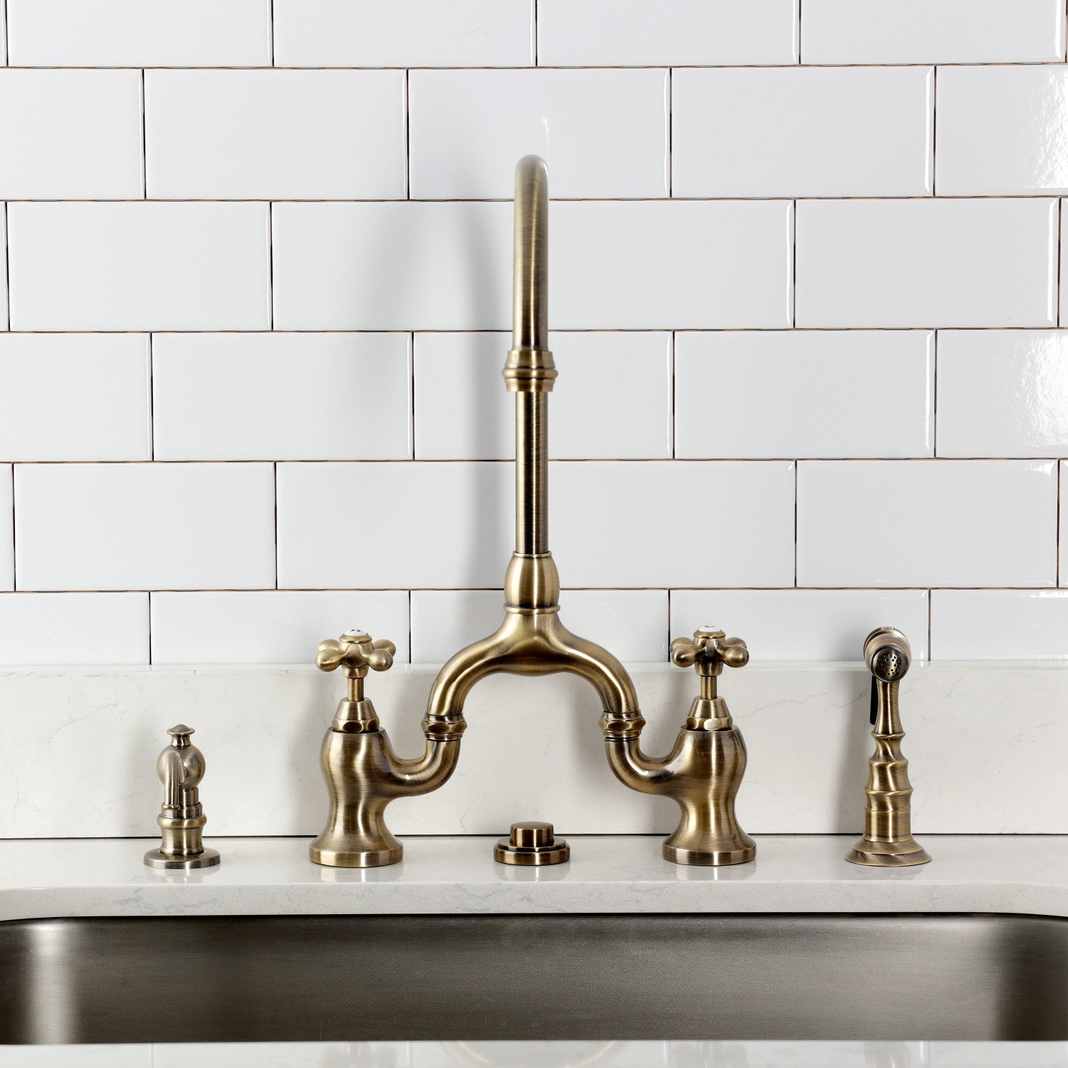 Kingston Heirloom KS7793AXBS - English Country Two-Handle 3-Hole Deck Mount Bridge Kitchen Faucet with Brass Sprayer, Antique Brass — thumbnail 3